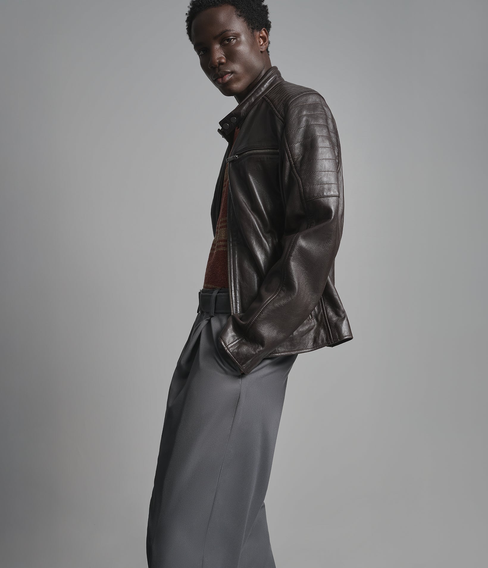 Lance Collarless Leather Moto Jacket