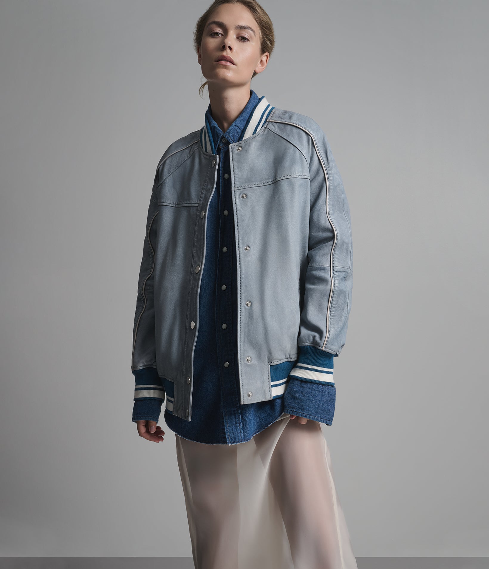 LENA LEATHER DENIM VARSITY JACKET