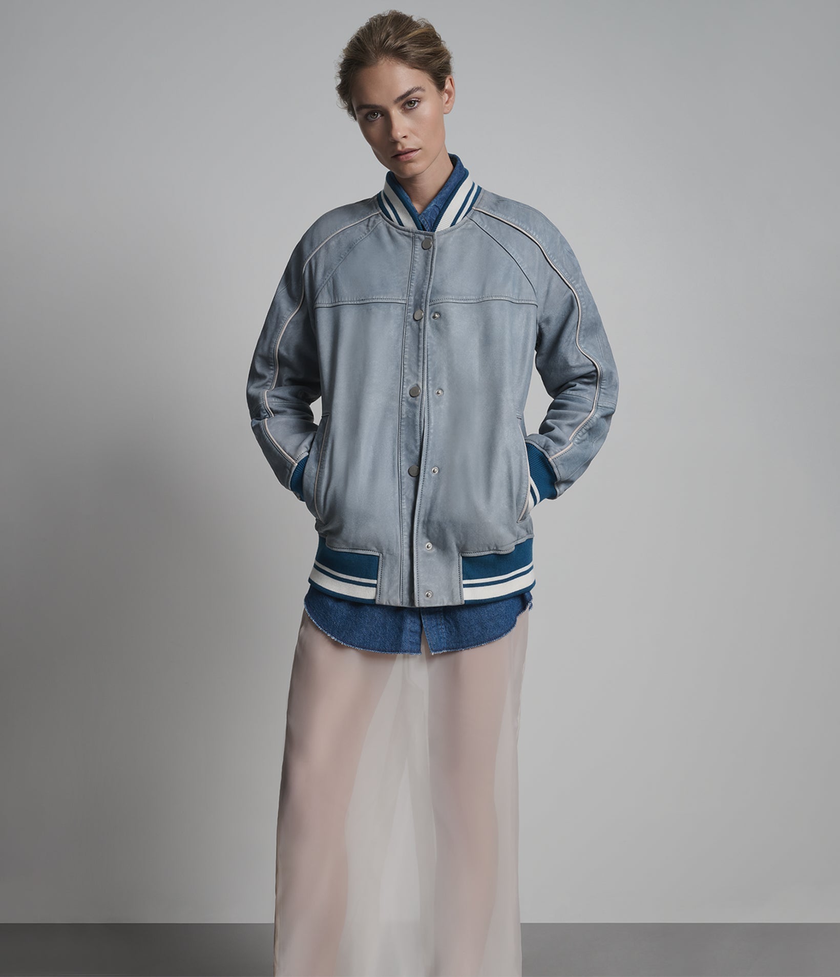 LENA LEATHER DENIM VARSITY JACKET