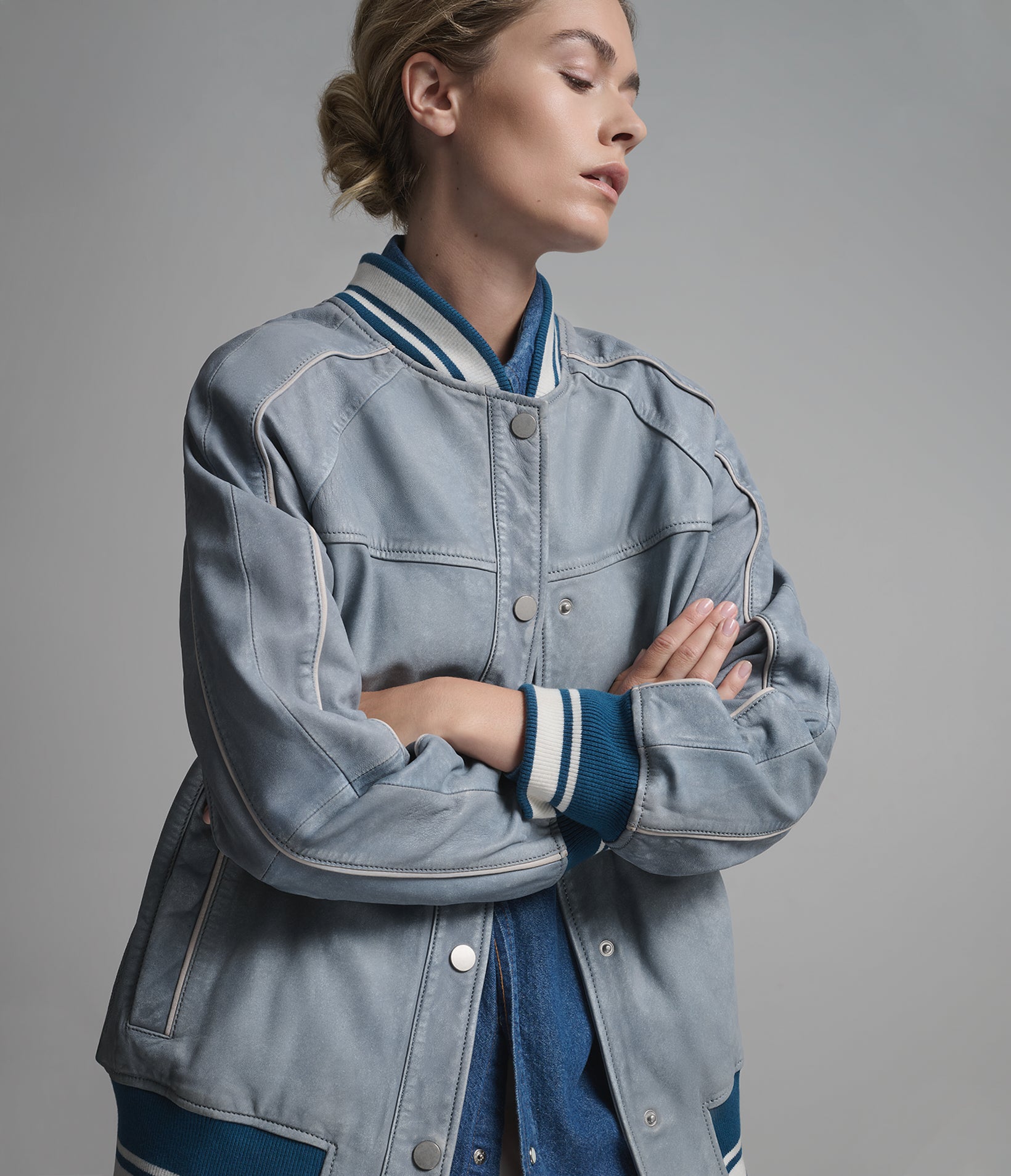 LENA LEATHER DENIM VARSITY JACKET