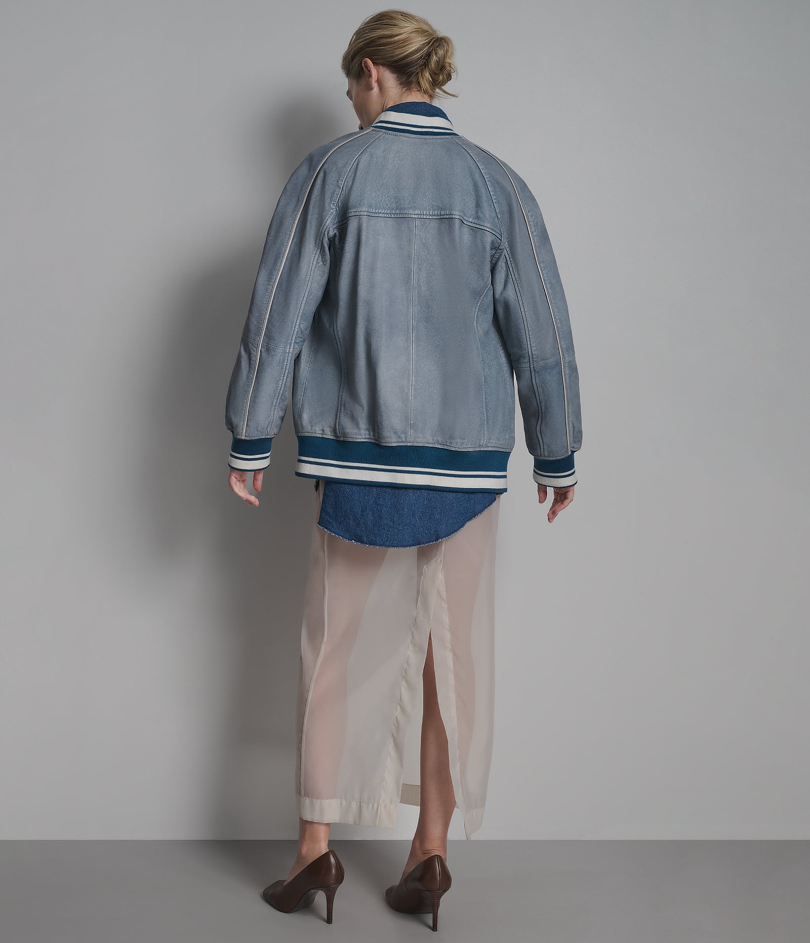 LENA LEATHER DENIM VARSITY JACKET