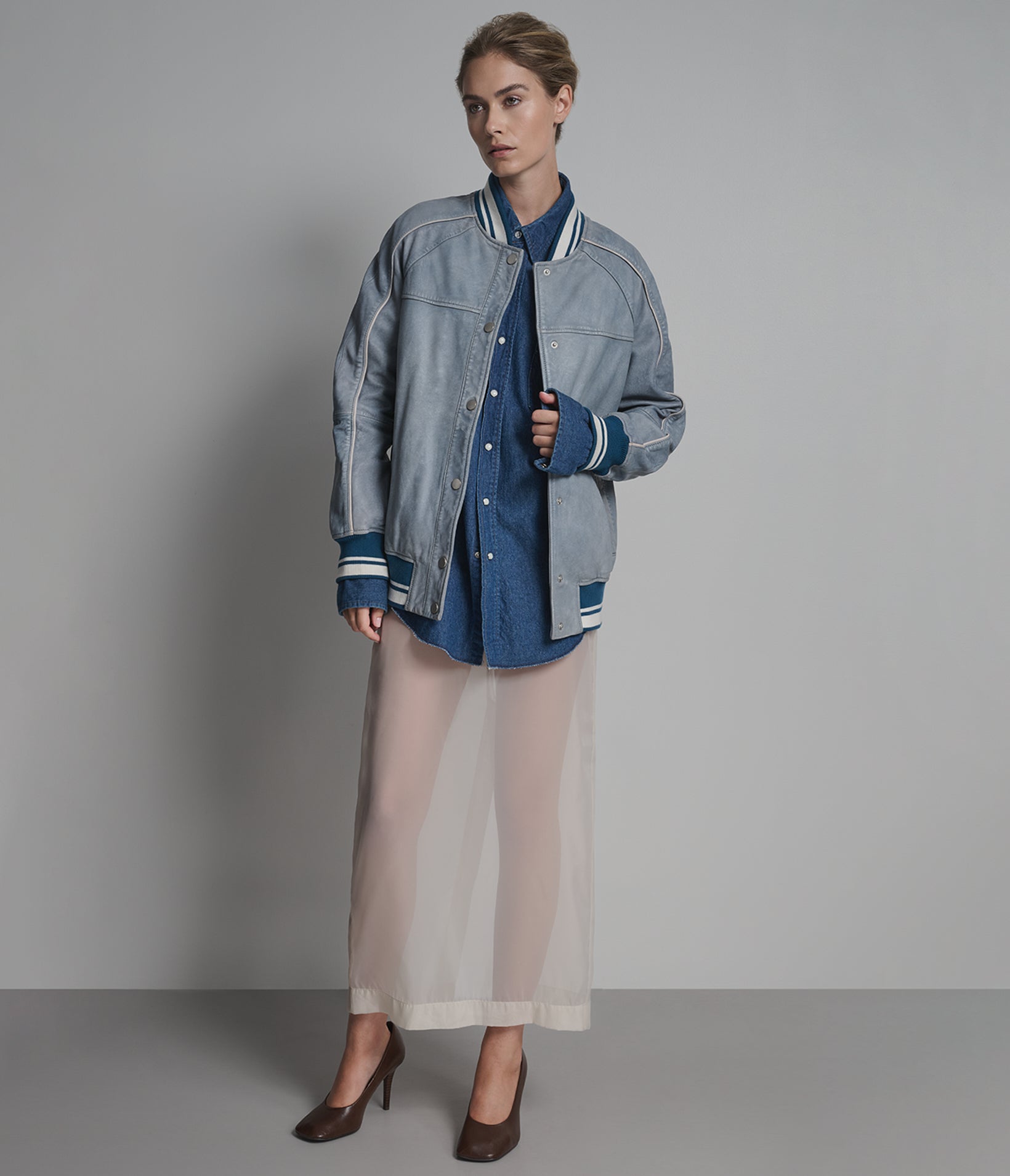 LENA LEATHER DENIM VARSITY JACKET