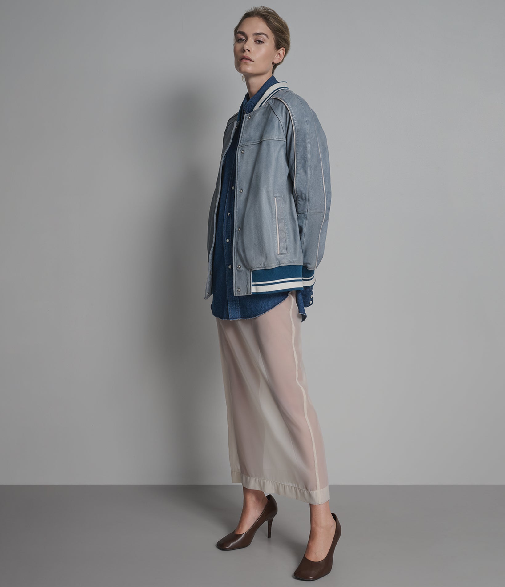 LENA LEATHER DENIM VARSITY JACKET