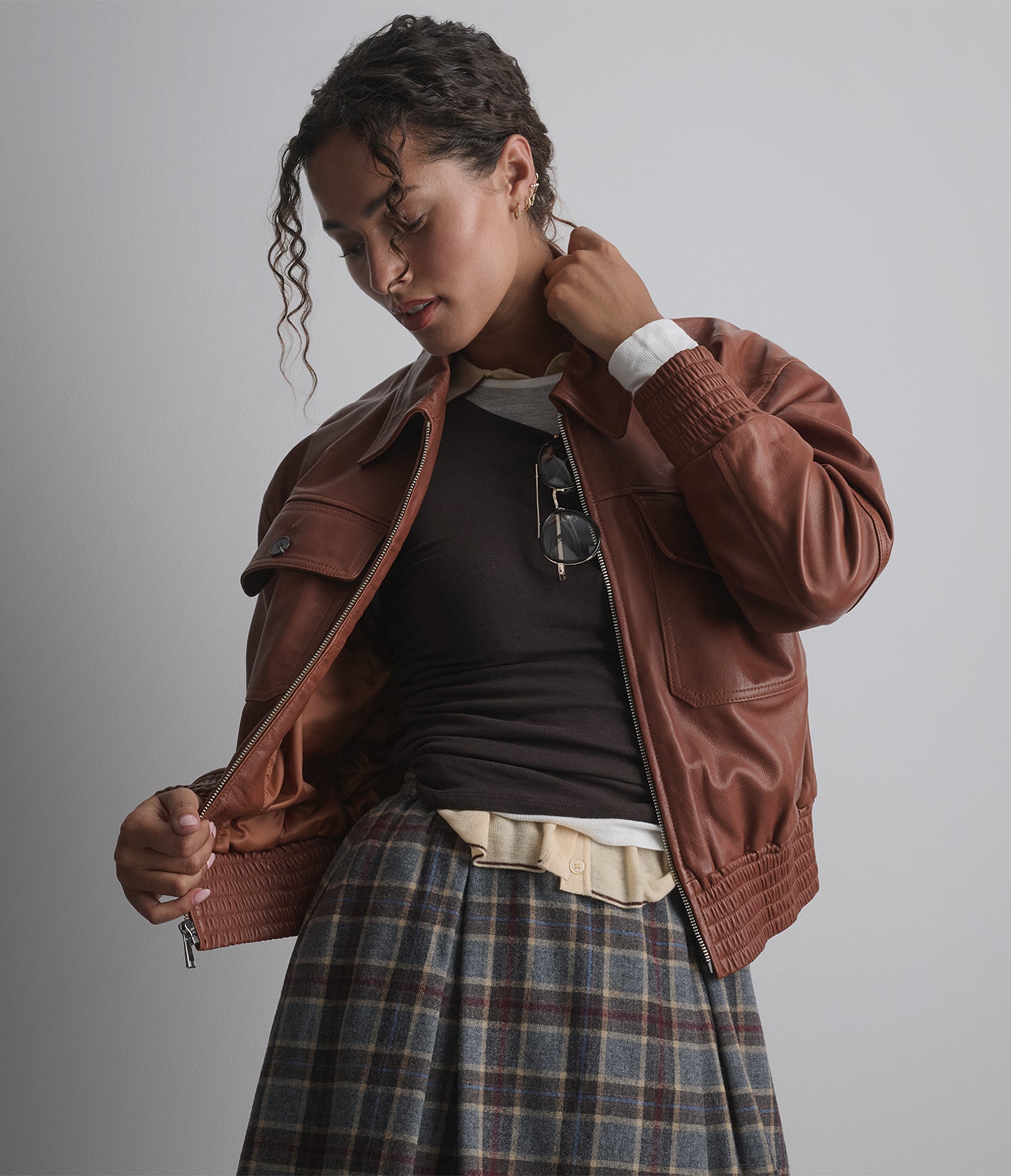 Maggie Cropped Lightweight Leather Aviator Jacket