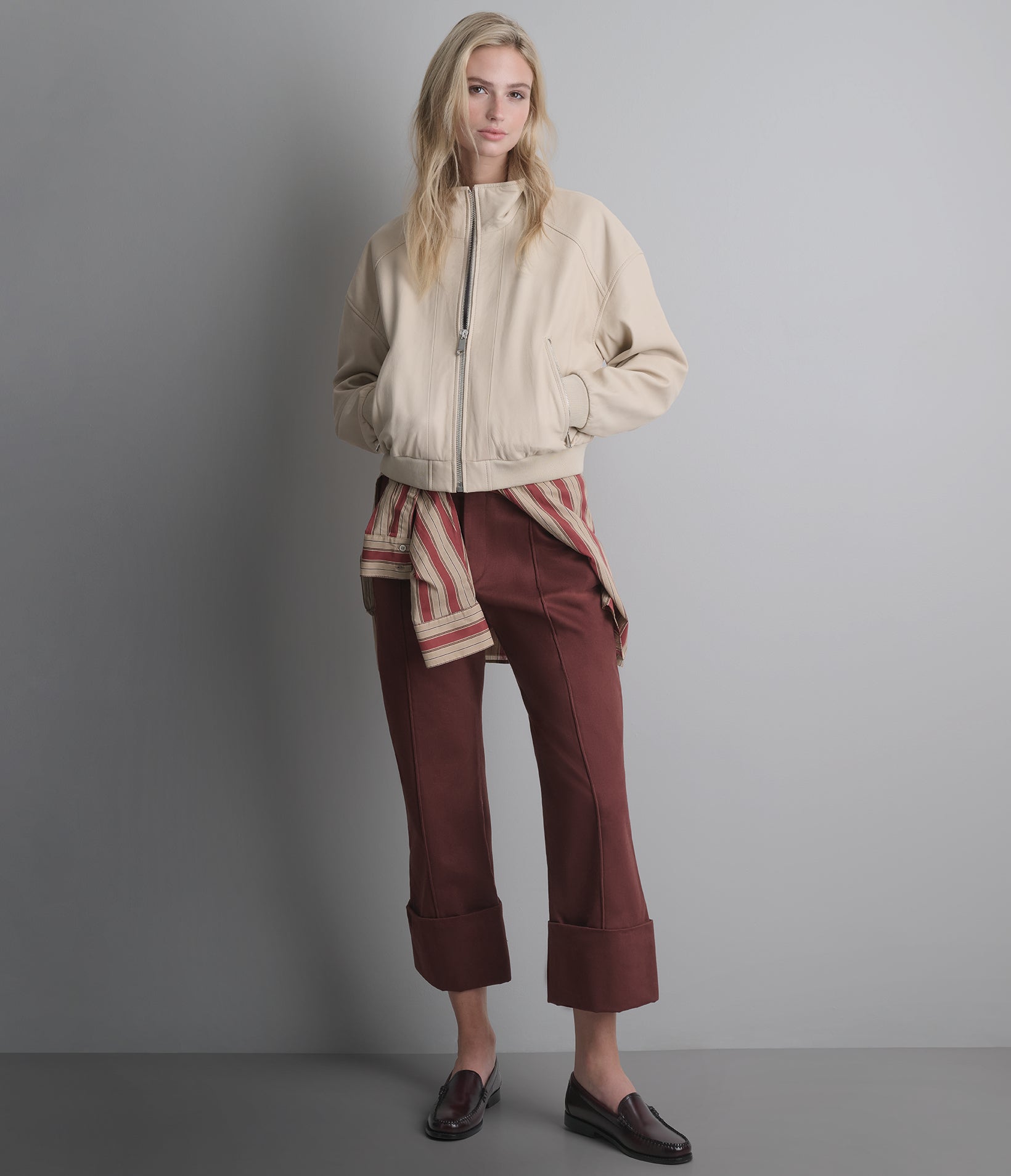 Twila Cropped Leather Bomber Jacket