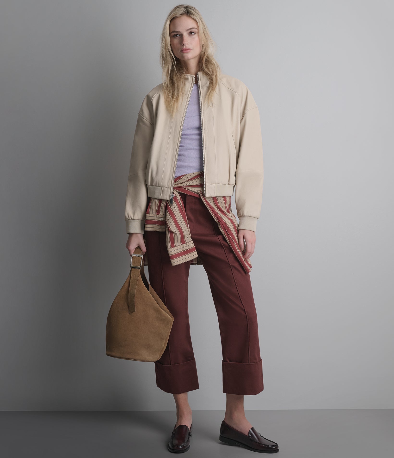 Twila Cropped Leather Bomber Jacket
