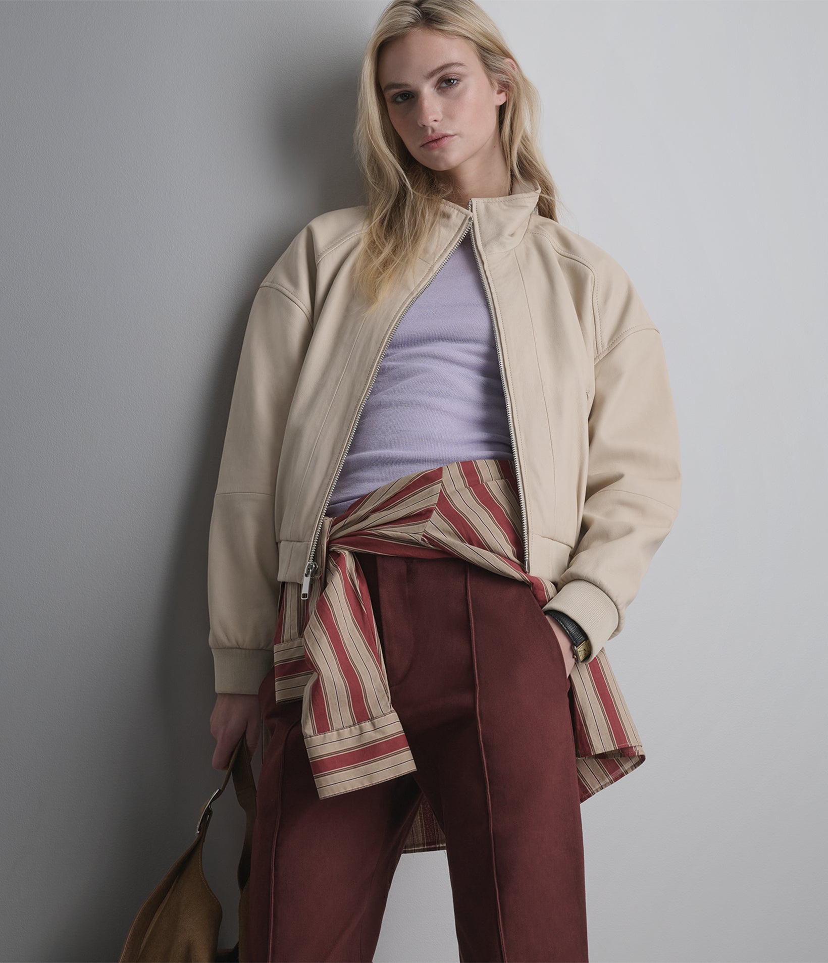 Twila Cropped Leather Bomber Jacket