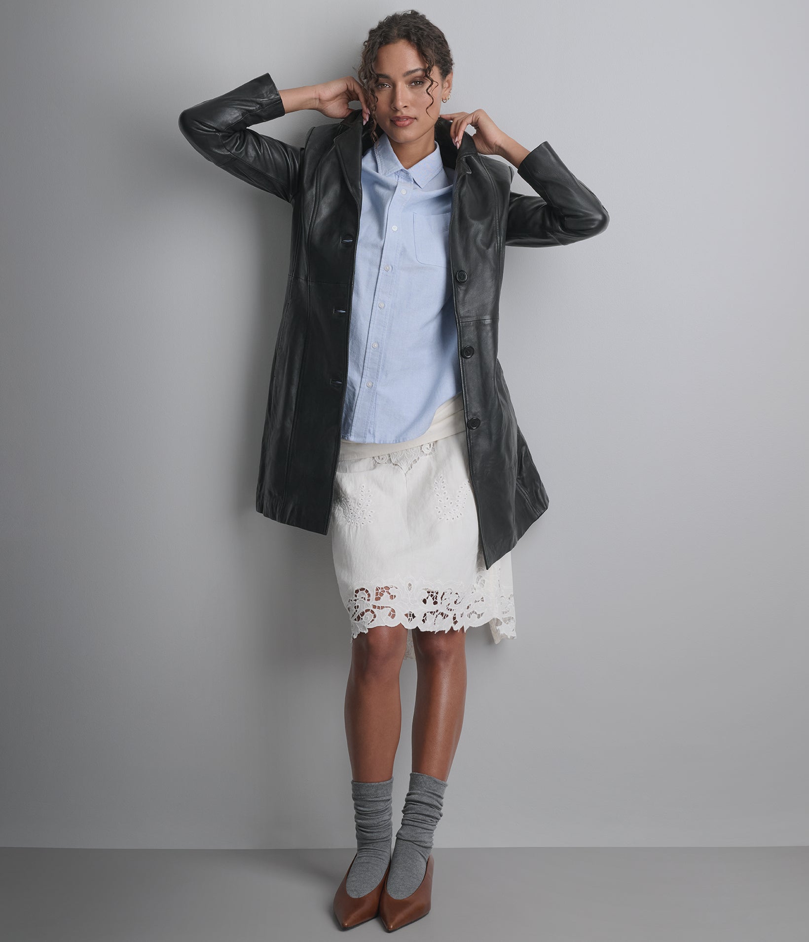 Nora Button Down Leather Trench Coat