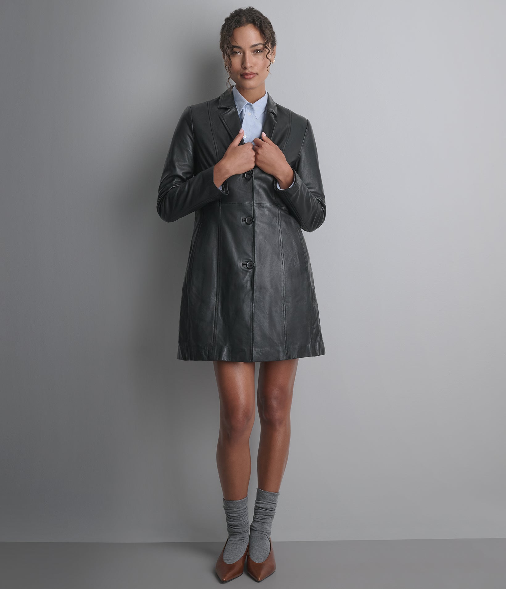 Nora Button Down Leather Trench Coat