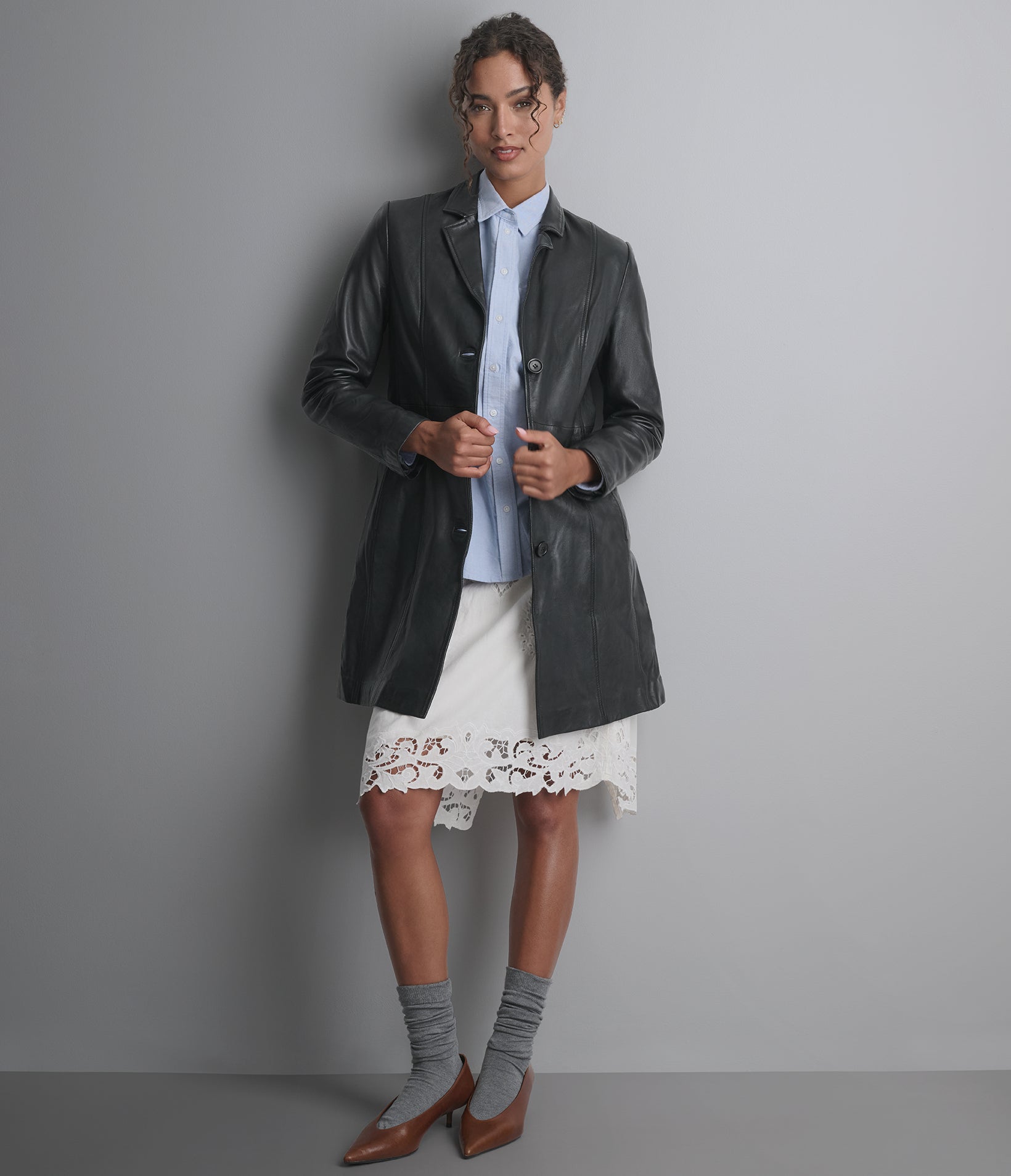 Nora Button Down Leather Trench Coat