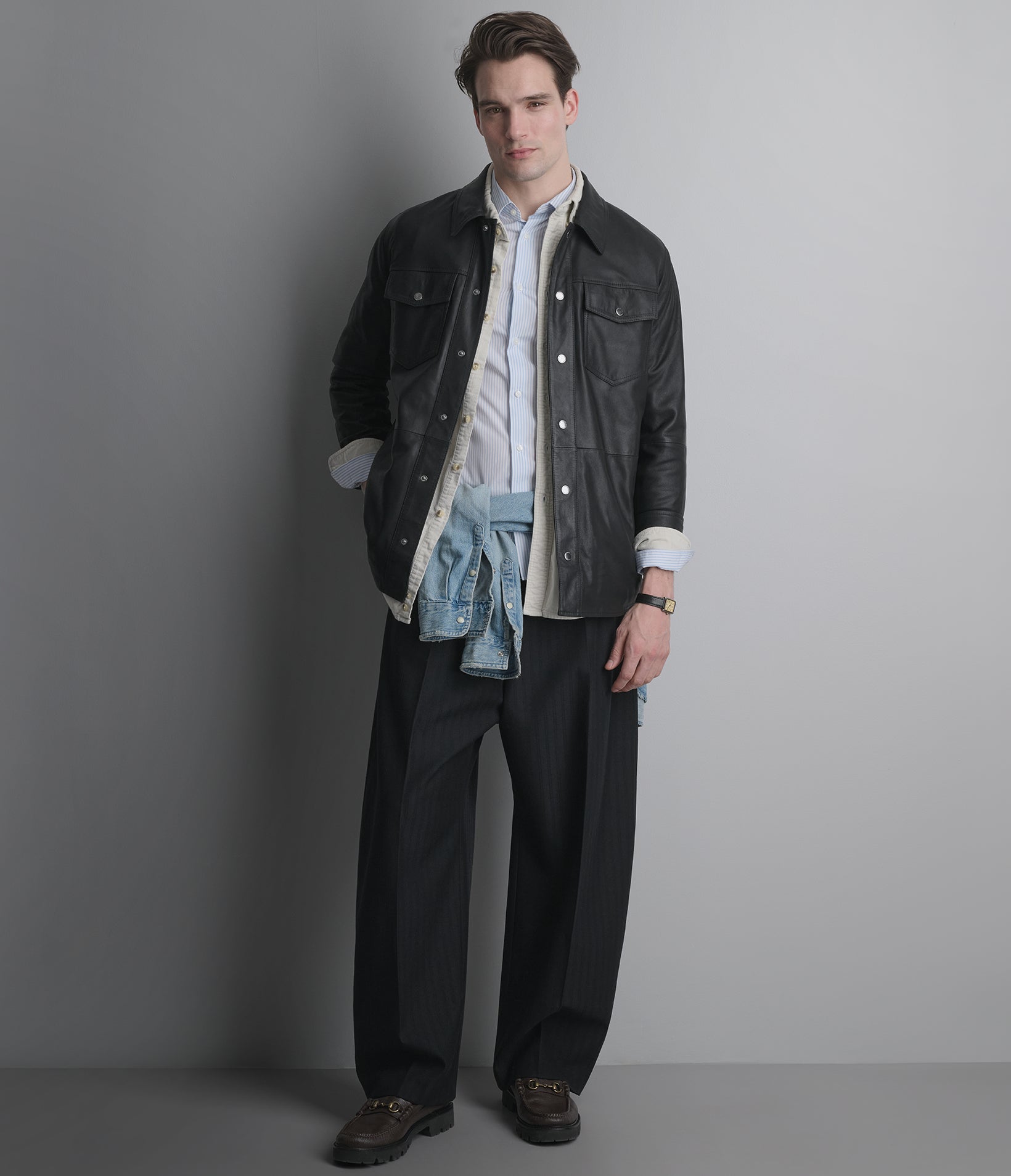 Wren Lightweight Leather Snap Front Shirt Jacket