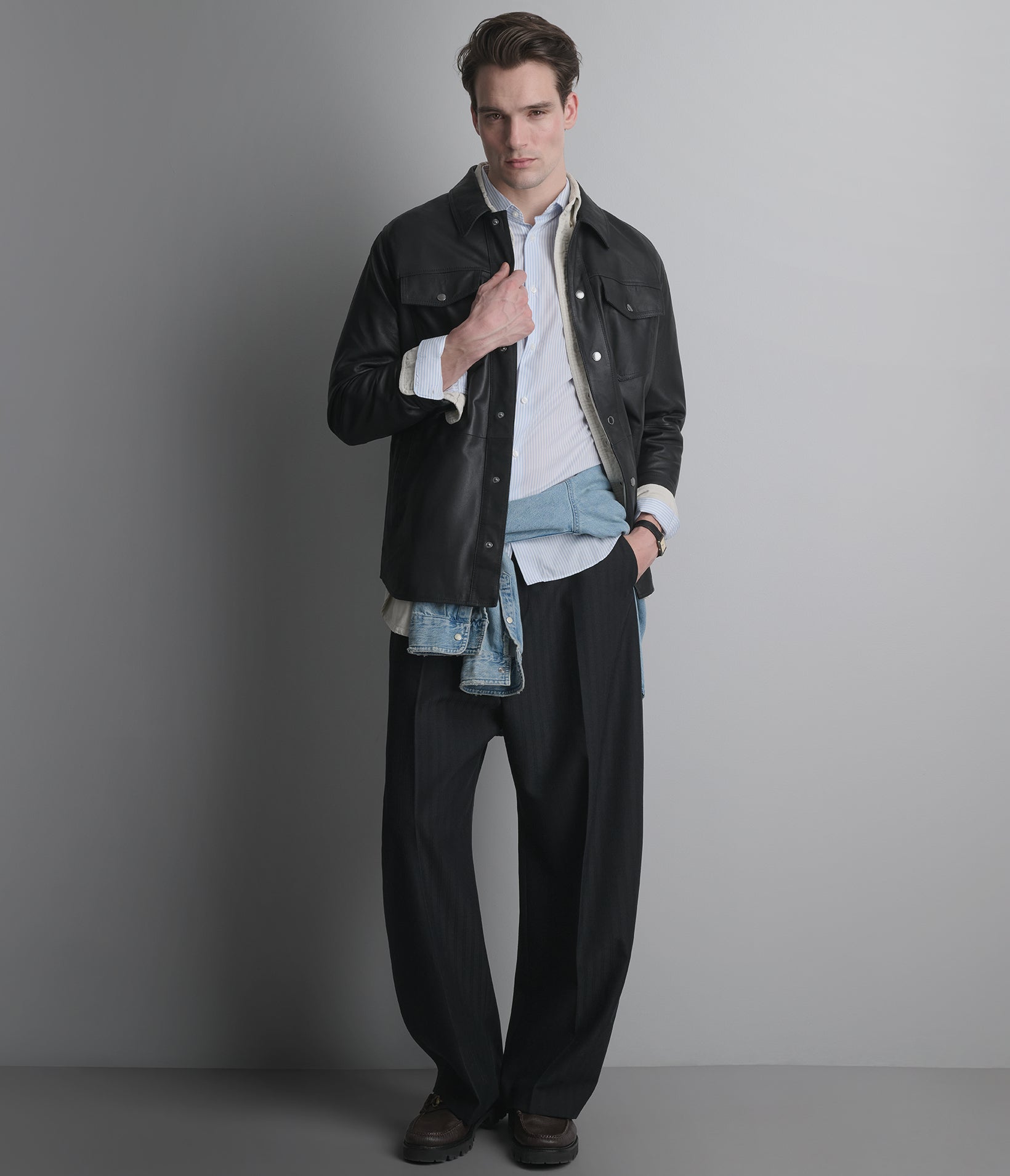 Wren Lightweight Leather Snap Front Shirt Jacket