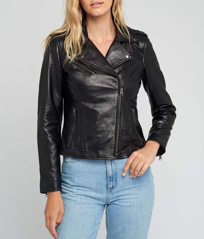 Ella Biker Asymmetrical Notch Collar Womens Leather Jacket