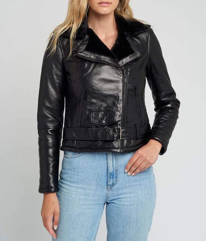 Ave Black Fur Biker Leather Jacket