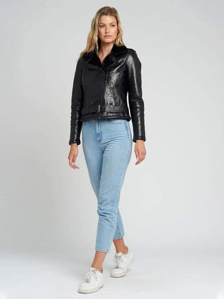 Ave Black Fur Biker Leather Jacket