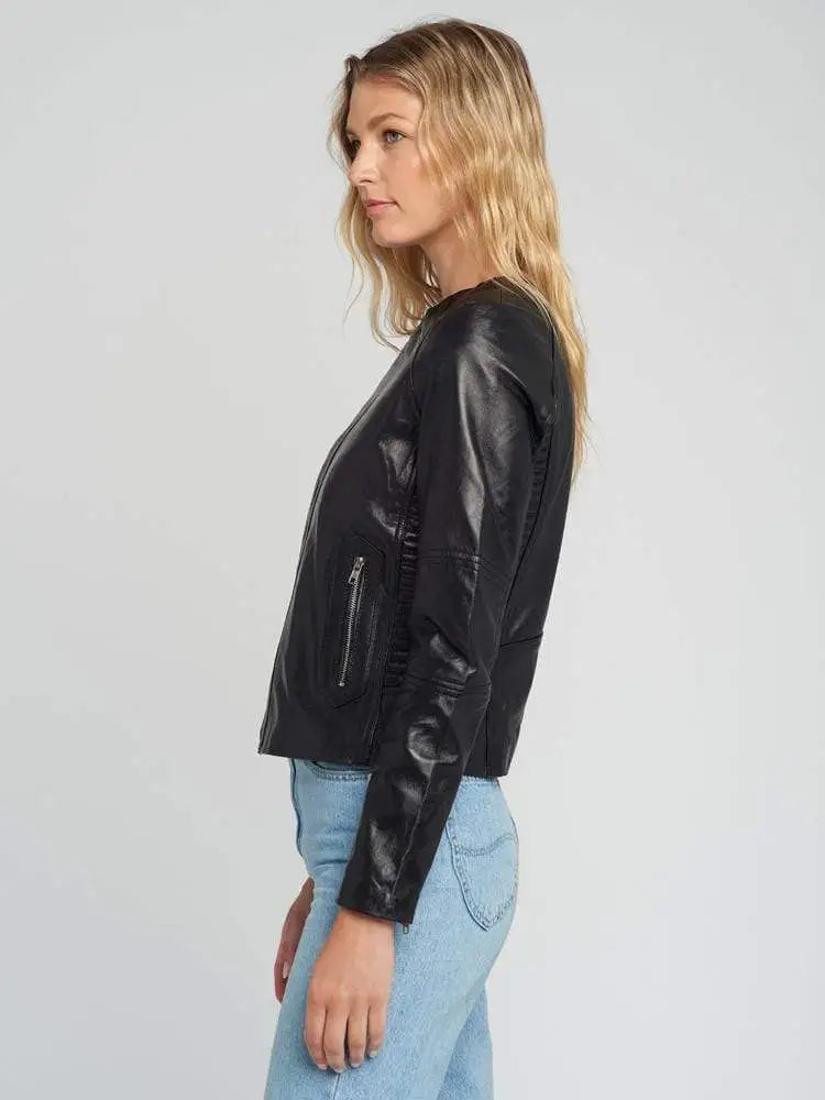 Classic Crew Neck Black Leather Jacket
