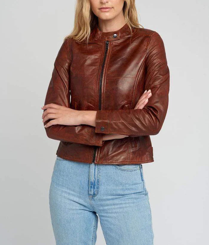 Jessy Brown Cafe Racer Stand Collar Leather Jacket