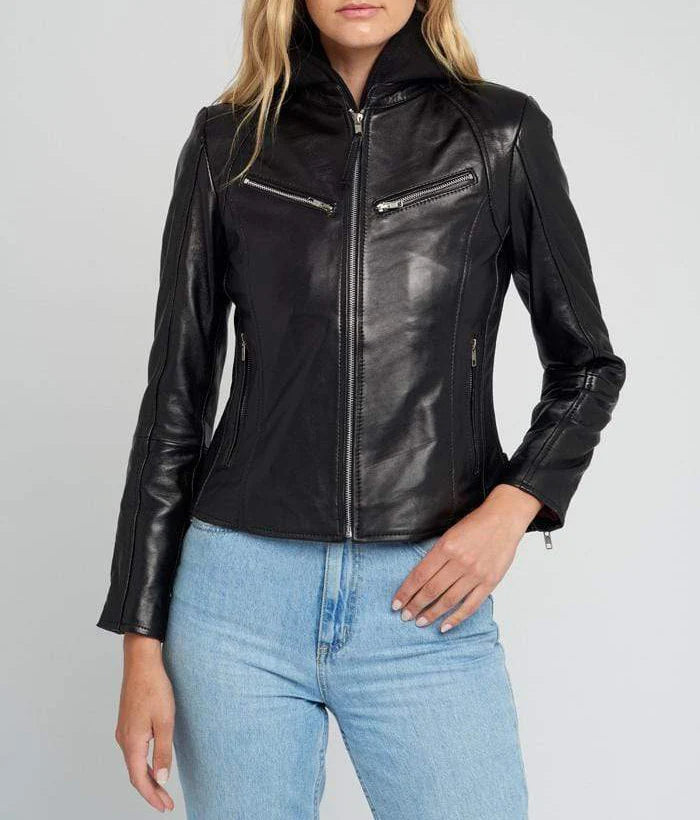 Callie Black Leather Cafe Racer Jacket