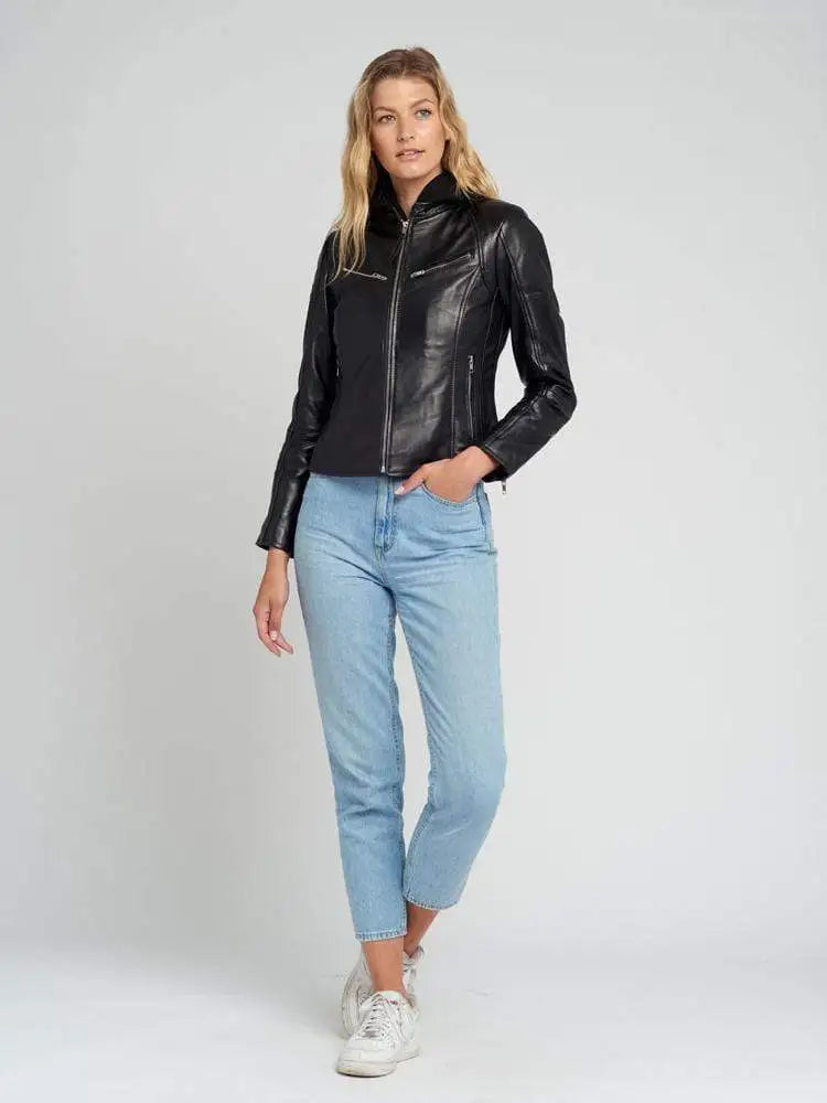 Callie Black Leather Cafe Racer Jacket