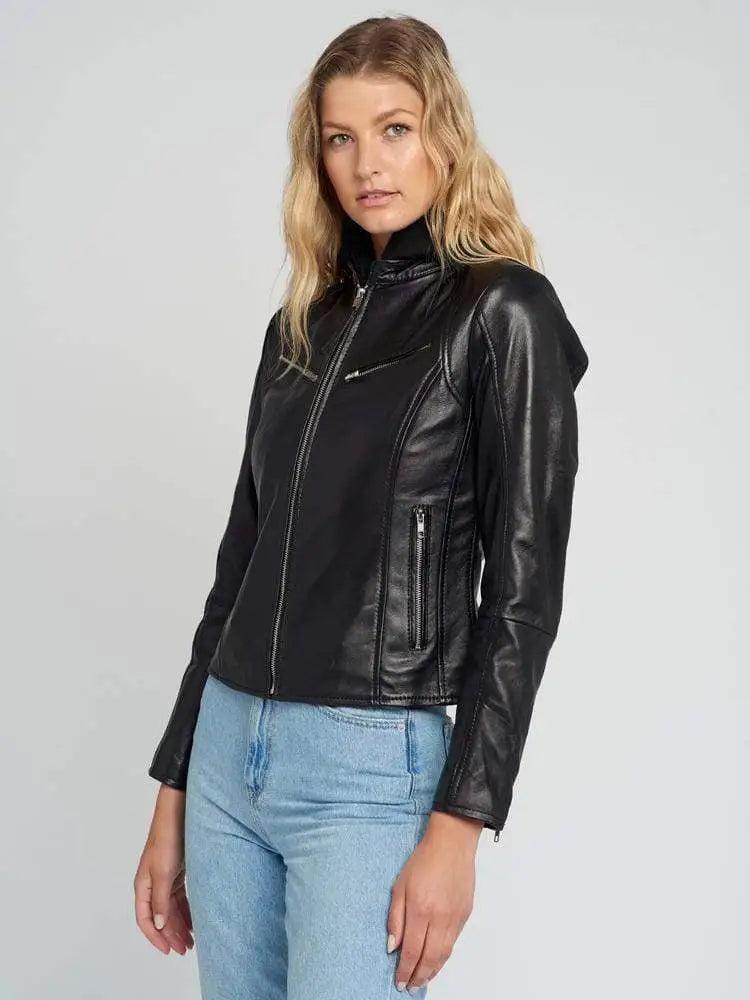 Callie Black Leather Cafe Racer Jacket