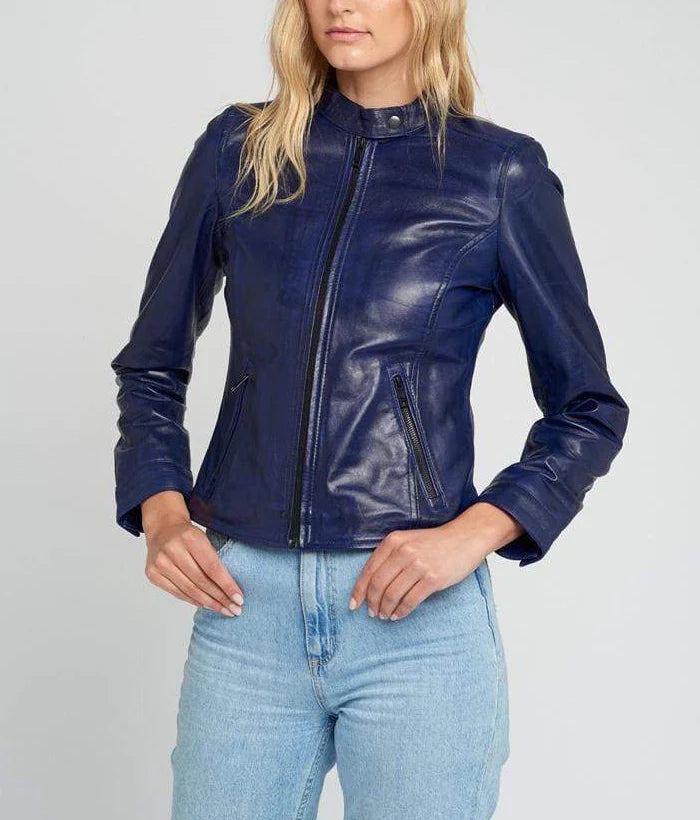 Jessy Blue Cafe Racer Stand Collar Leather Jacket