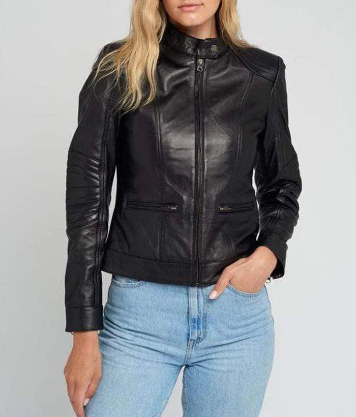 Women’s Quilted Shoulder Black Cafe Race Leather Jacket