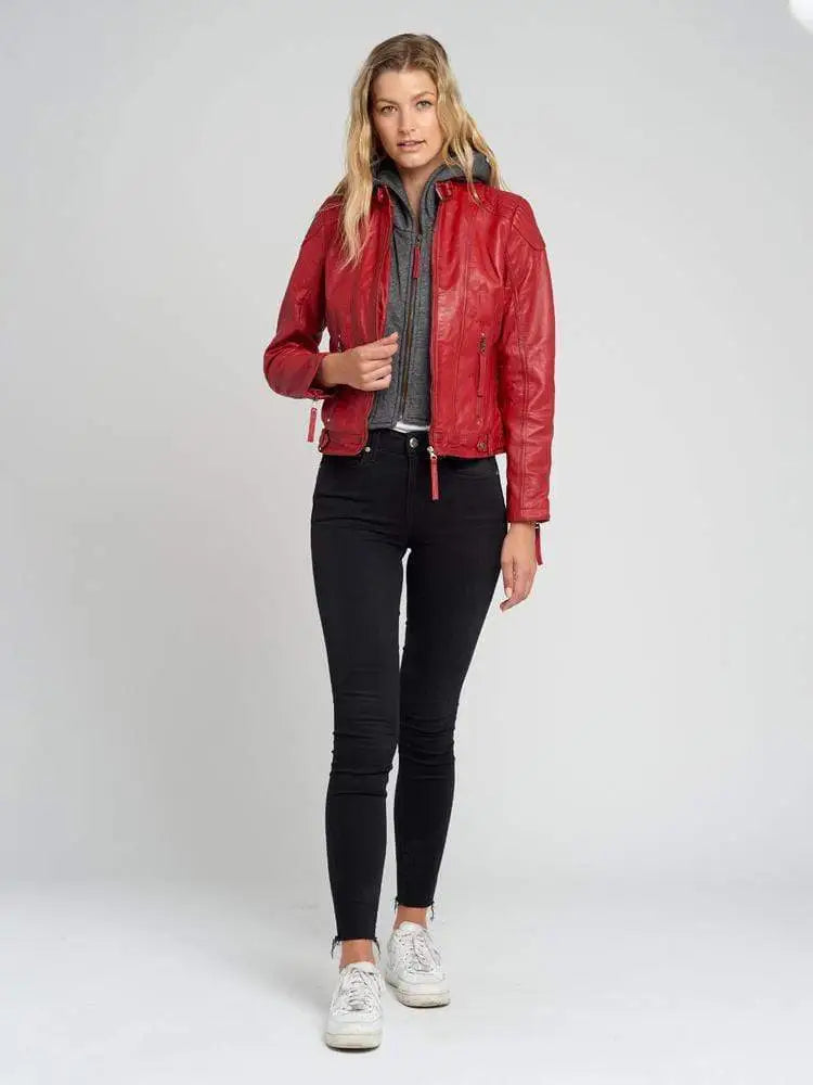 Eliza Red Removable Hooded Leather Jacket