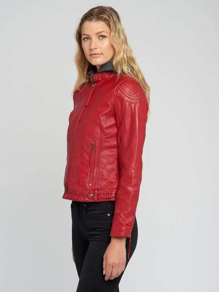 Eliza Red Removable Hooded Leather Jacket