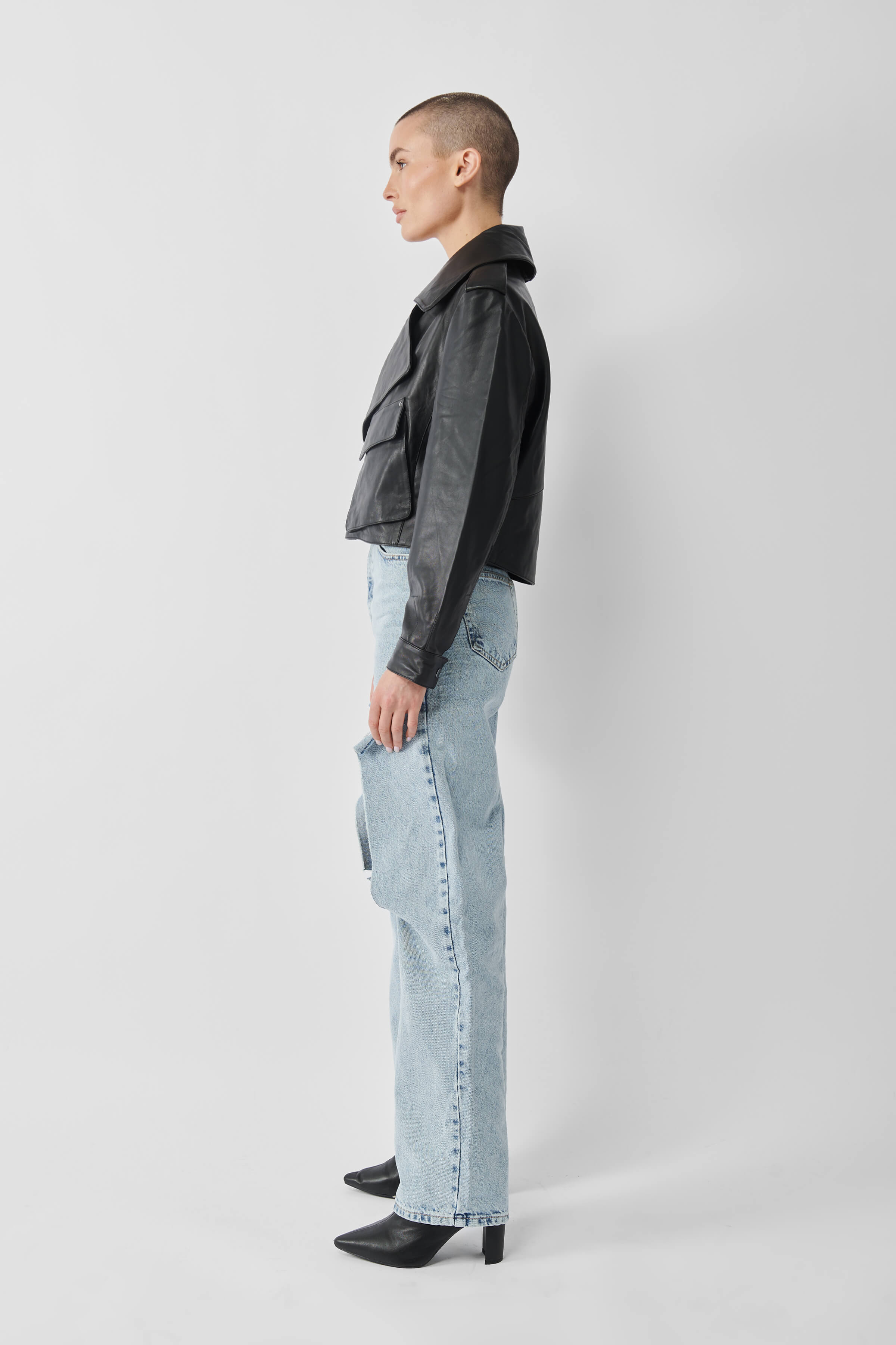 Cropped Blouson Black Leather Jacket - Tall