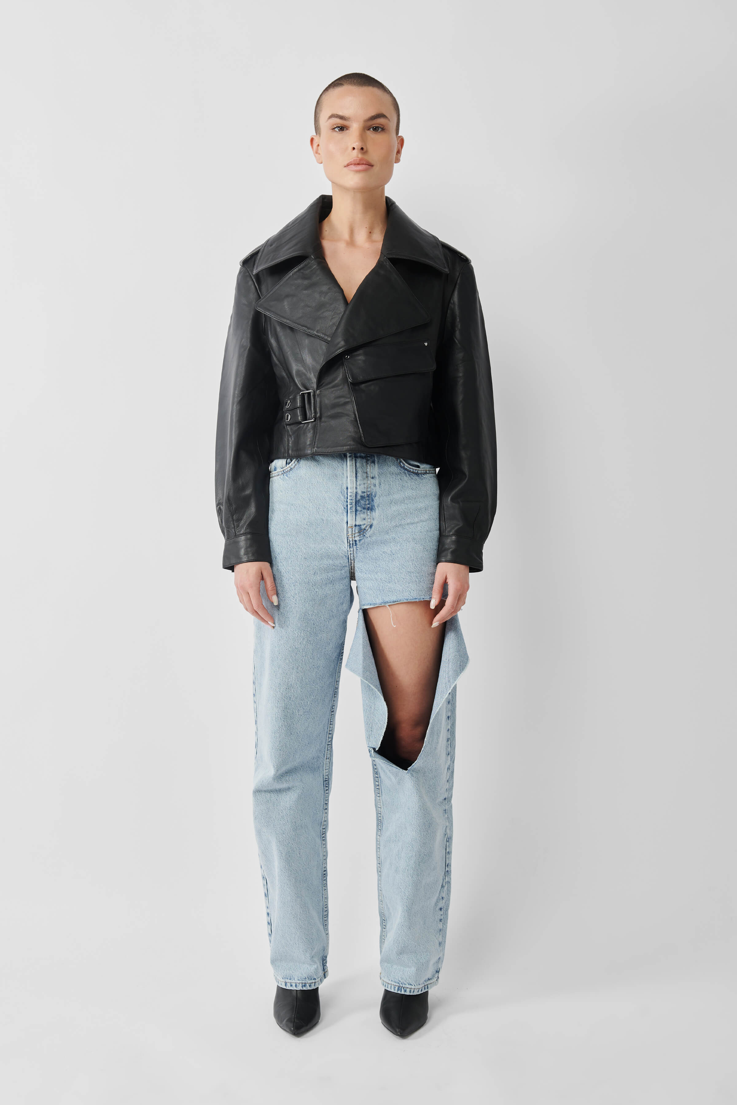 Cropped Blouson Black Leather Jacket - Tall