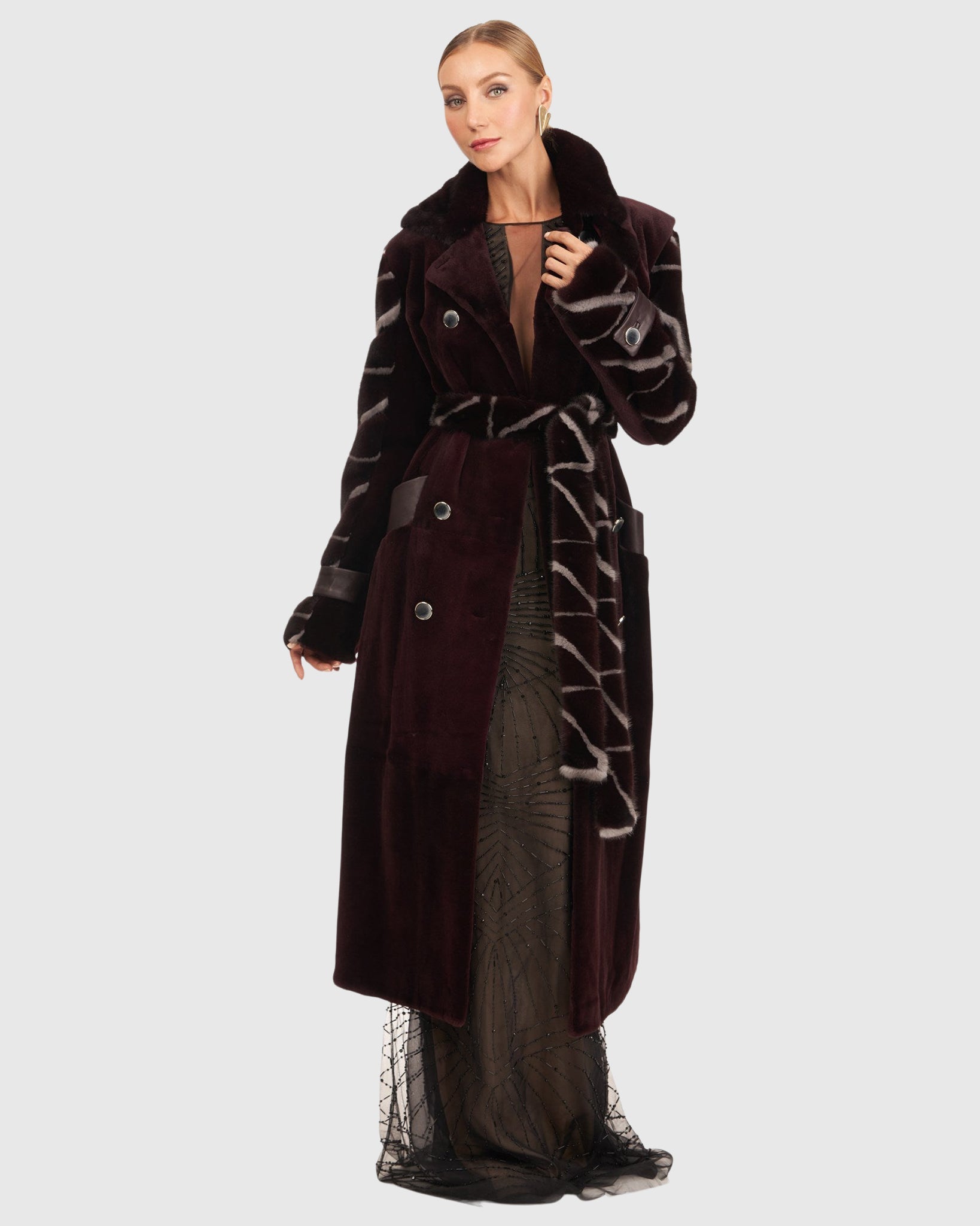 Sheared Mink Coat with Intarsia Sleeves and Belt Gorski First Copy