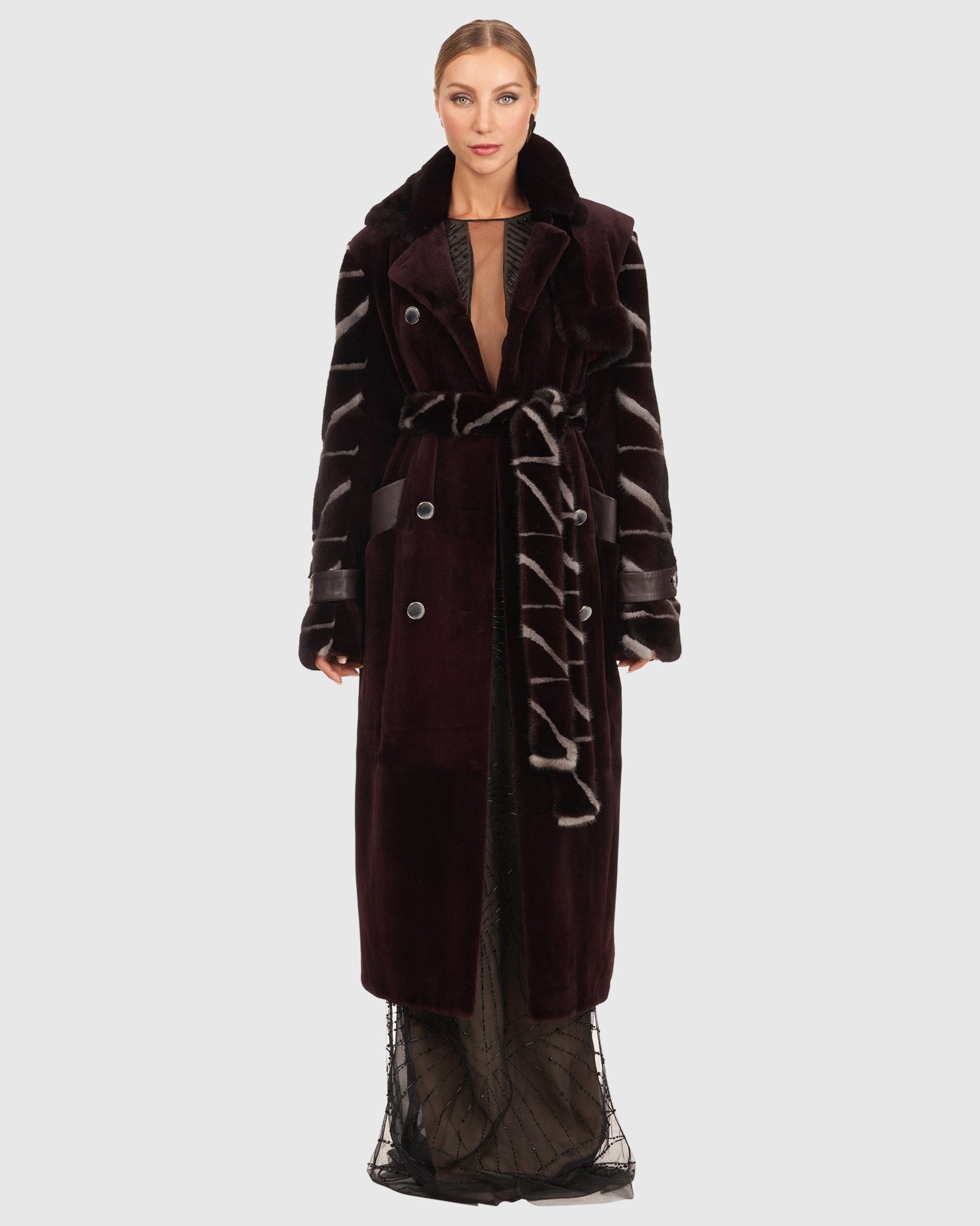 Sheared Mink Coat with Intarsia Sleeves and Belt Gorski First Copy