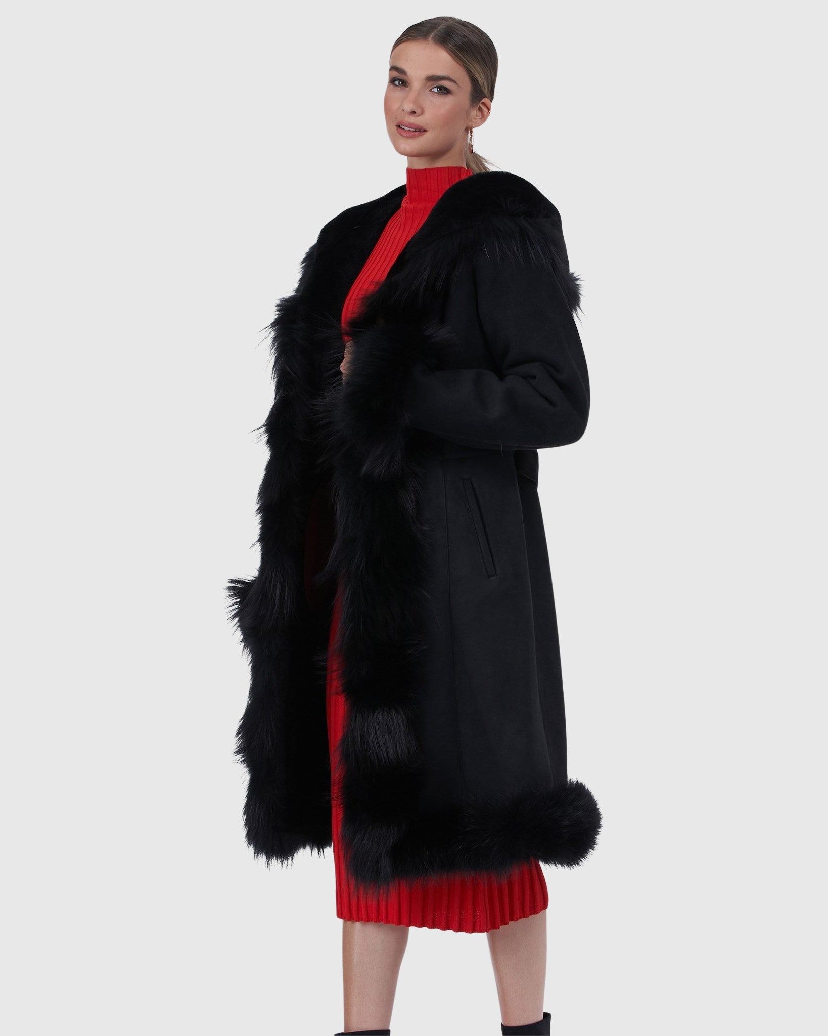 Shearling Lamb Short Coat with Fox Tuxedo Collar, Hood Trim, Cuffs and Bottom Gorski First Copy