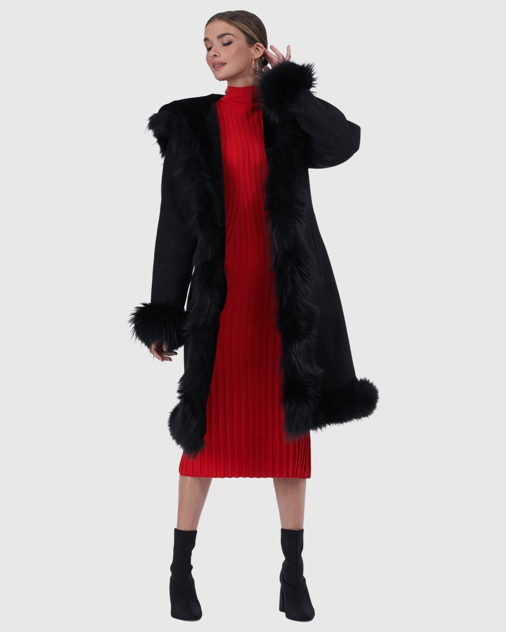 Shearling Lamb Short Coat with Fox Tuxedo Collar, Hood Trim, Cuffs and Bottom Gorski First Copy