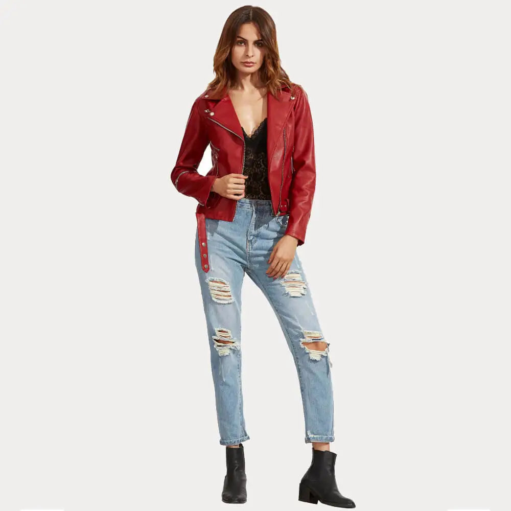 Womens Red Slim Fit Biker Leather Jacket